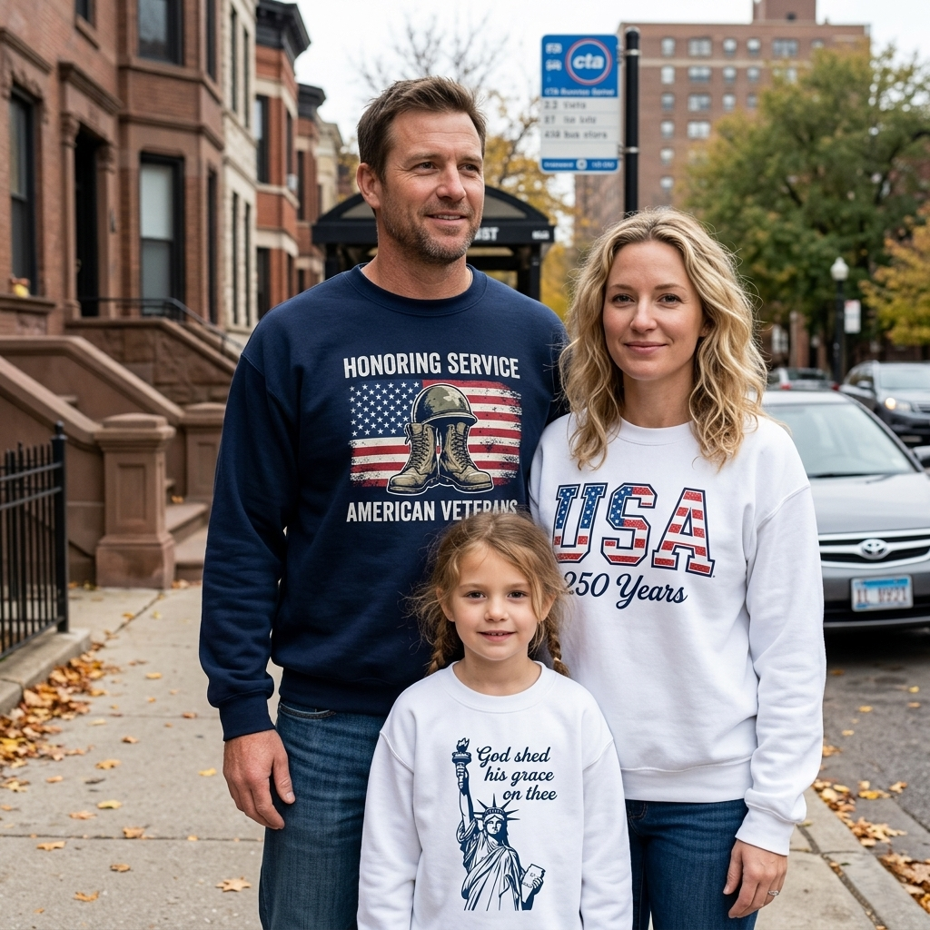 Happy family celebrating outdoors in patriotic apparel