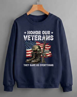 Honor Our Veterans Sacrifice and Service Premium Navy Crewneck Patriotic Sweatshirt Printed in USA (Unisex)
