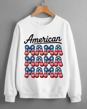 American MAMA Stacked Stars and Stripes Mothers Pride White Patriotic Sweatshirt Printed in USA (Unisex)